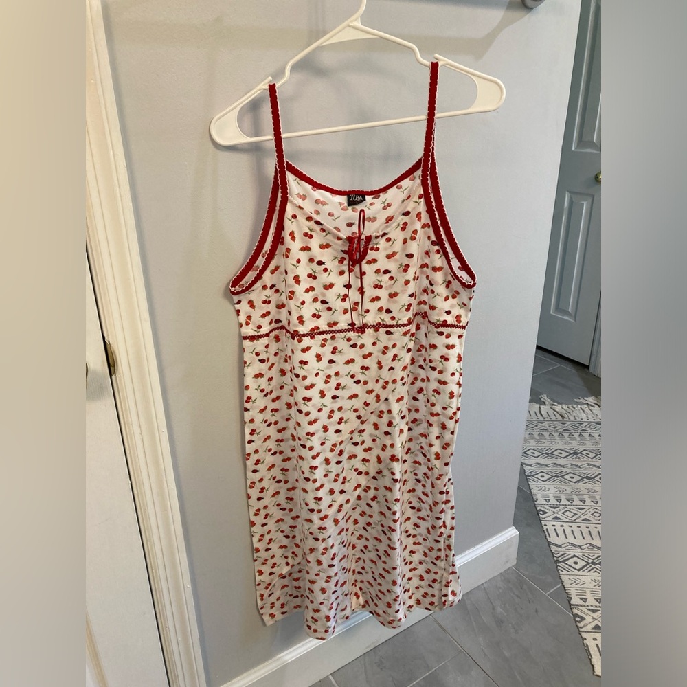 Tuba strawberry and ladybug print slip dress size 3 with ribbon tie in the front